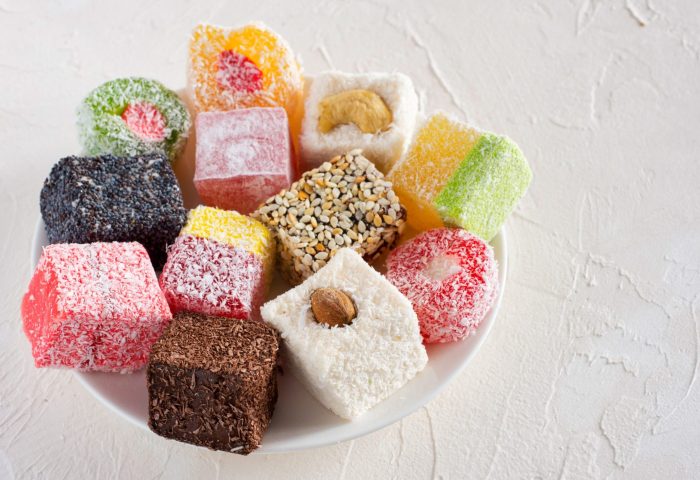 Turkish,Delight,On,White,Rustic,Background.,Turkish,Deligh,Set.,Assorted