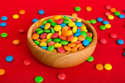 Multicolored,Candies,In,A,Bowl,On,A,Colored,Background.,Birthday